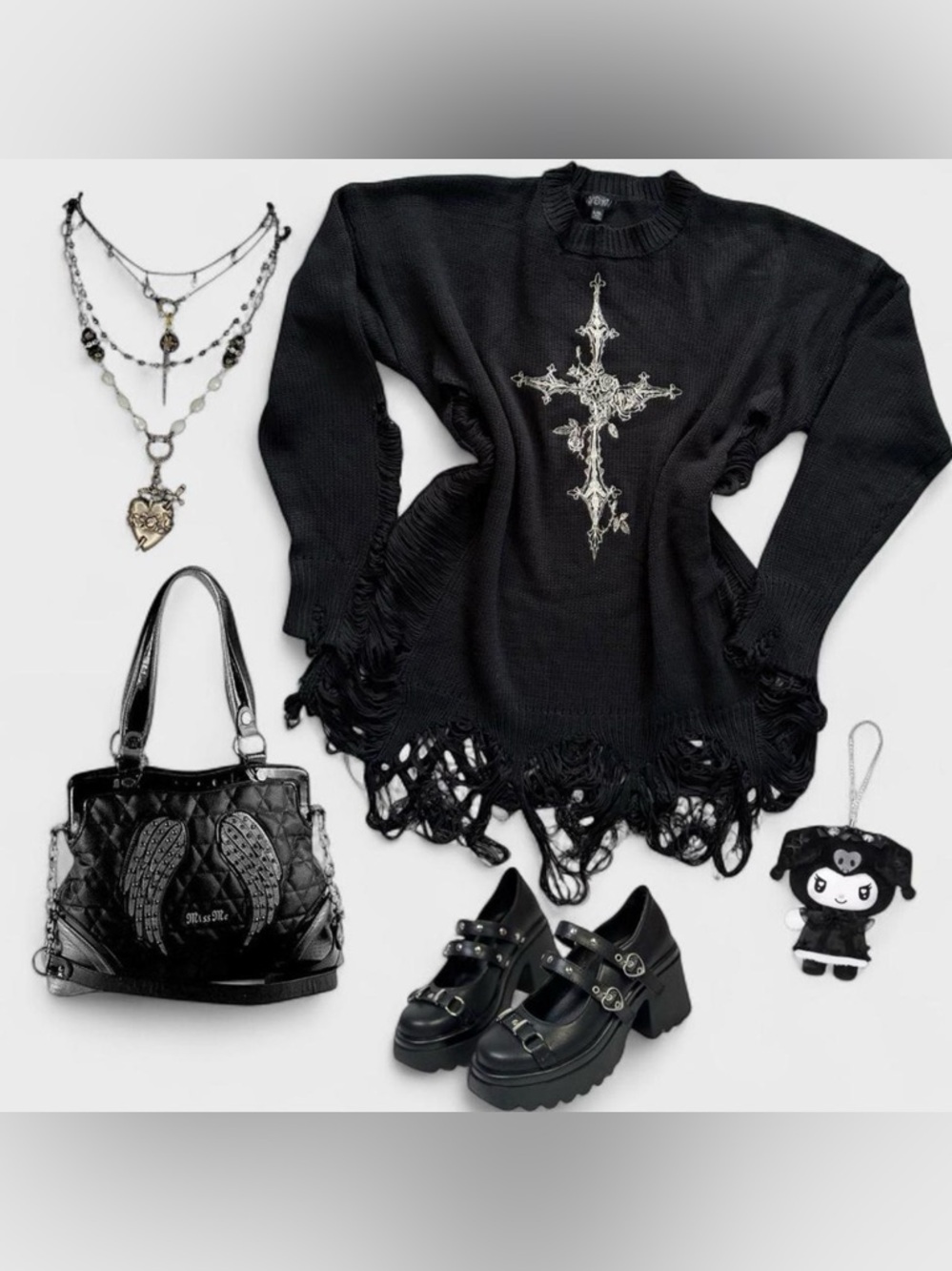 Grunge Goth Emo Black Distressed Cross Widow Sweater Size L/XL
